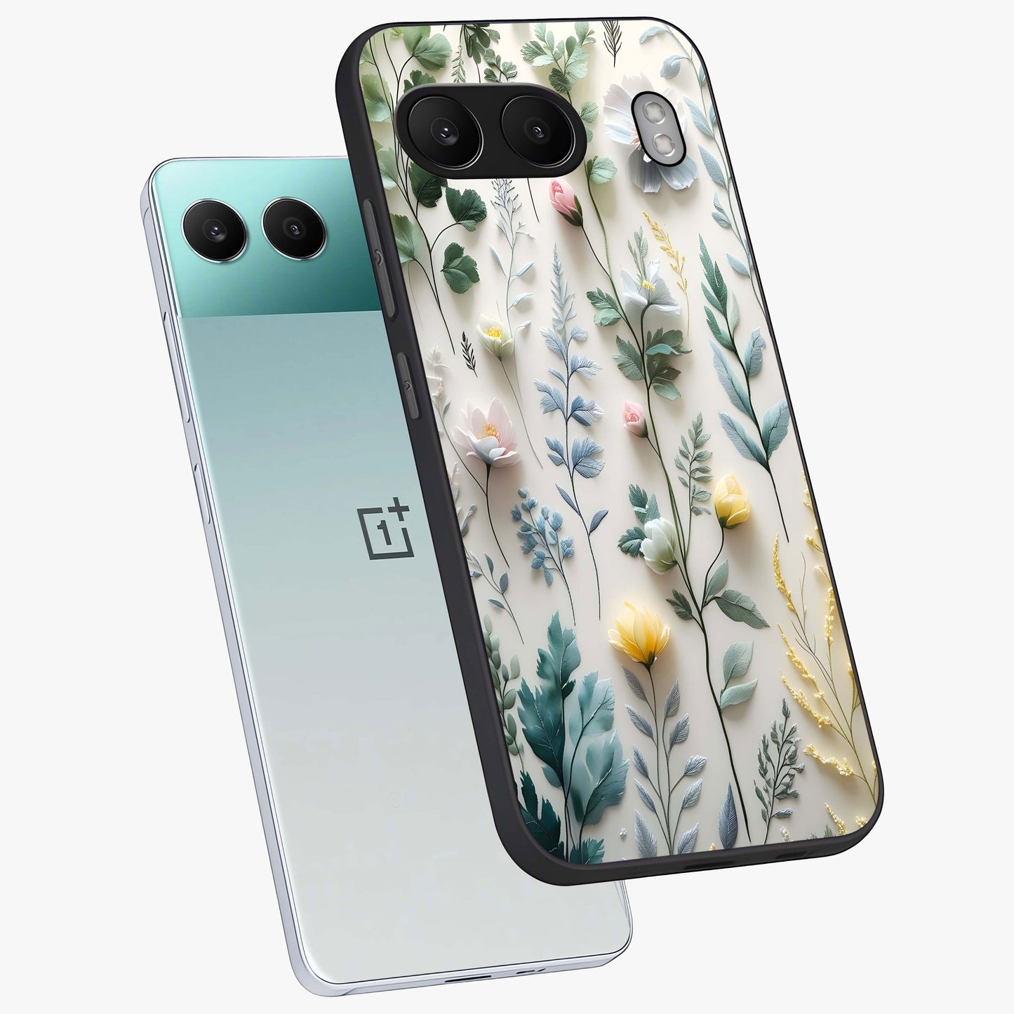 Pastel Garden Whispers Glass Case for 1+Nord 4 angled mockup showcasing glossy finish and gentle bloom tones