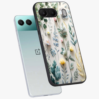 Pastel Garden Whispers Glass Case for 1+Nord 4 angled mockup showcasing glossy finish and gentle bloom tones