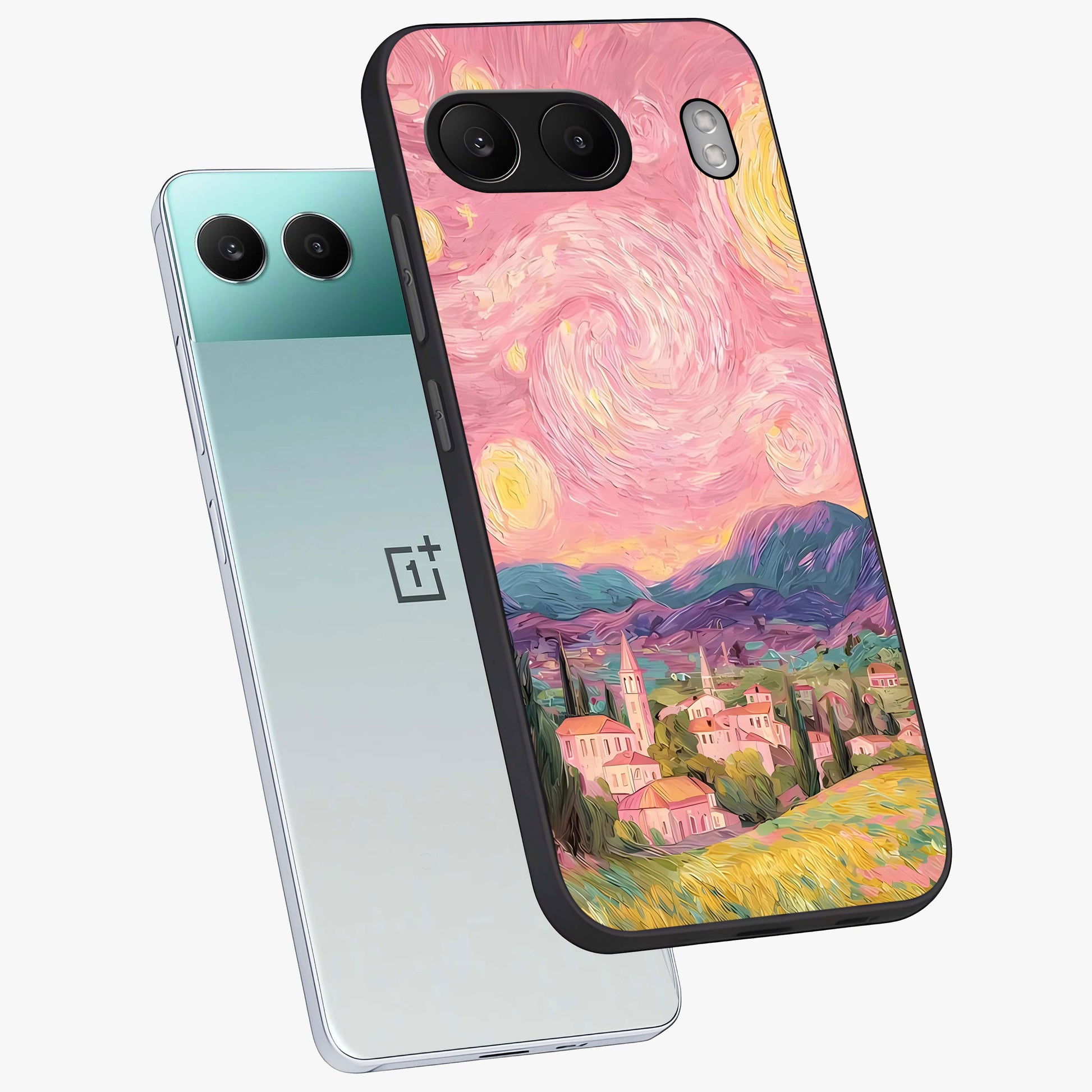 Pastel Starry Village Glass Case for 1+Nord 4 angled mockup showcasing glossy finish and soft celestial tones