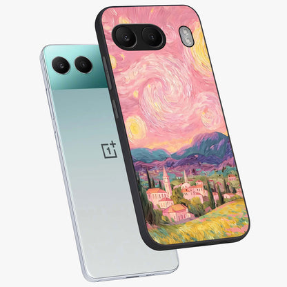 Pastel Starry Village Glass Case for 1+Nord 4 angled mockup showcasing glossy finish and soft celestial tones
