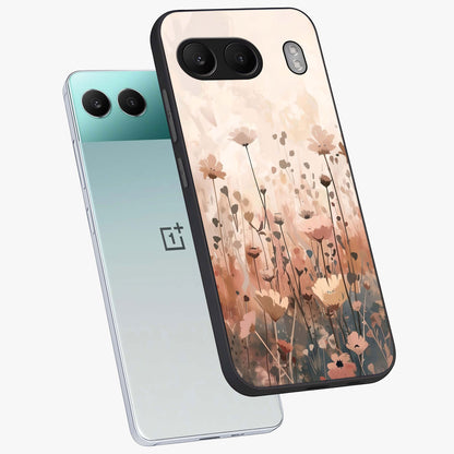 Pastel Wildflowers Glass Case for 1+Nord 4 angled mockup showcasing glossy finish and fresh floral detailing