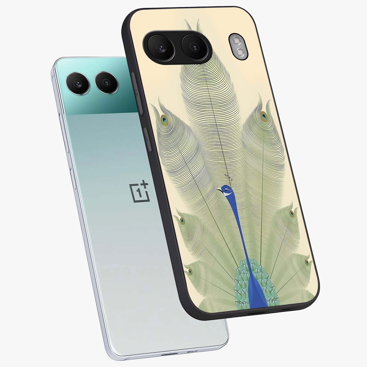 Peacock Feather Grace Glass Case for 1+Nord 4 angled mockup showcasing glossy glass finish and vibrant feather tones