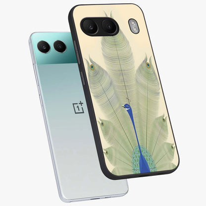 Peacock Feather Grace Glass Case for 1+Nord 4 angled mockup showcasing glossy glass finish and vibrant feather tones