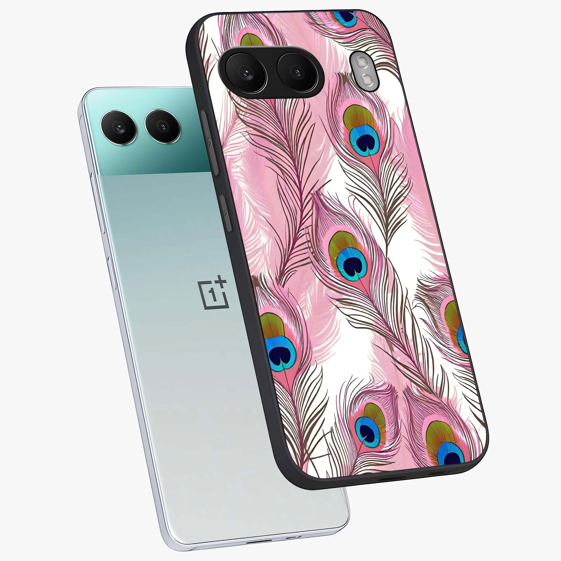 Peacock Feathers Floating Glass Case for 1+Nord 4 angled mockup showcasing glossy finish and graceful detailing
