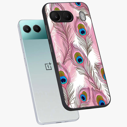 Peacock Feathers Floating Glass Case for 1+Nord 4 angled mockup showcasing glossy finish and graceful detailing