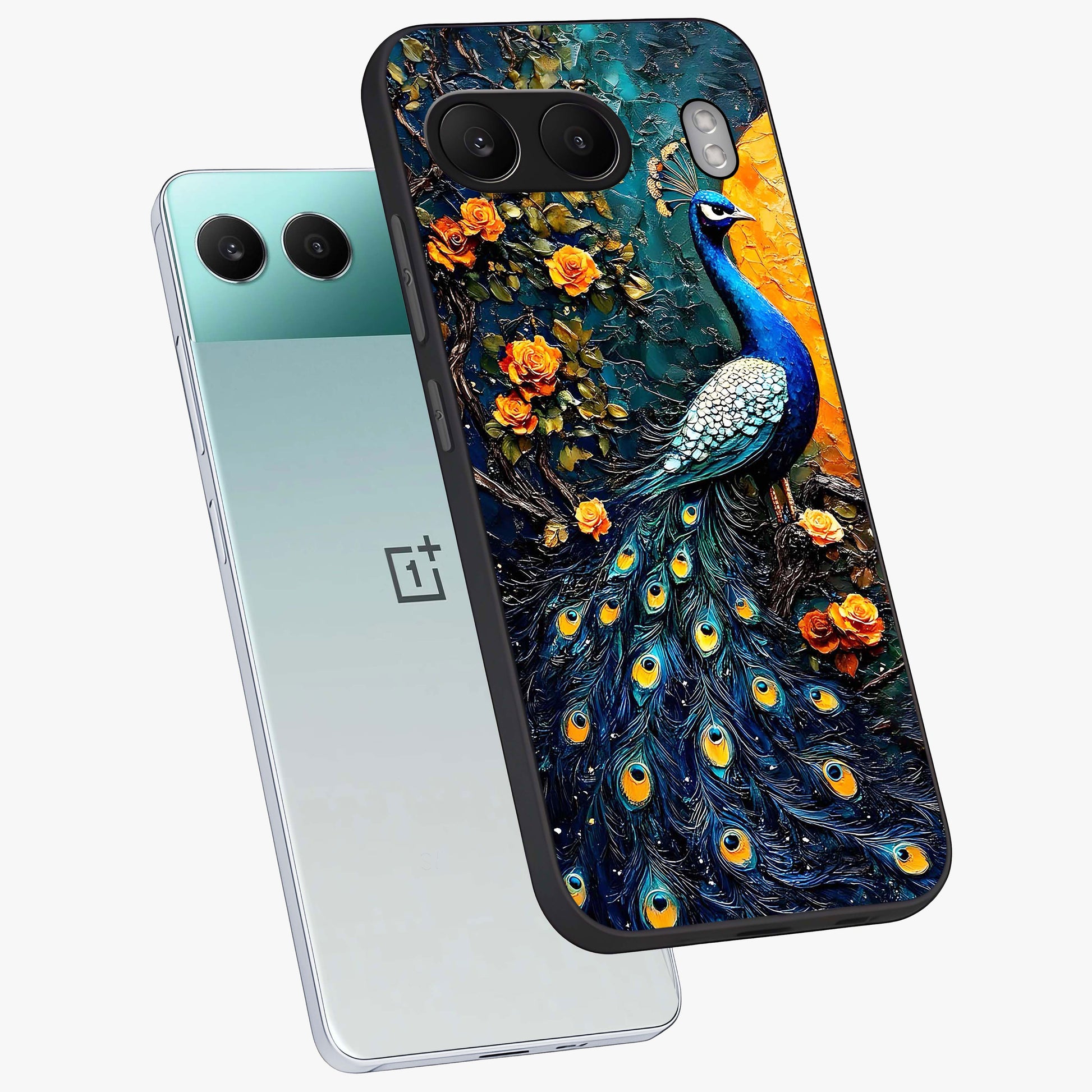 Peacock With Yellow Moon Glass Case for 1+Nord 4 angled mockup showcasing glossy finish and deep night tones