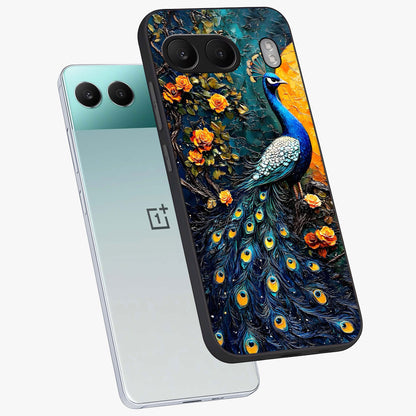 Peacock With Yellow Moon Glass Case for 1+Nord 4 angled mockup showcasing glossy finish and deep night tones
