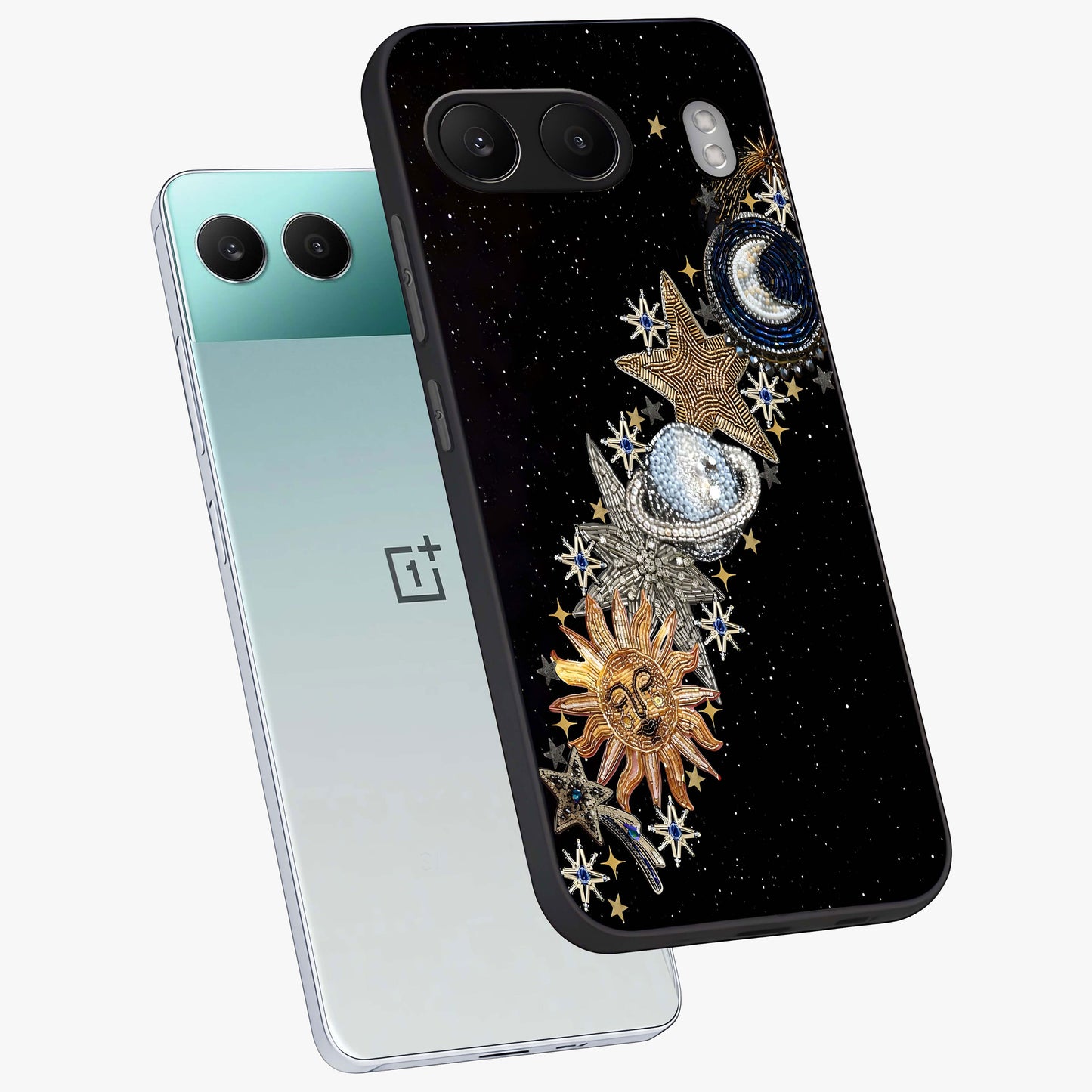 Pearls Universe Object Glass Case for 1+Nord 4 angled mockup showcasing glossy finish and luminous celestial tones