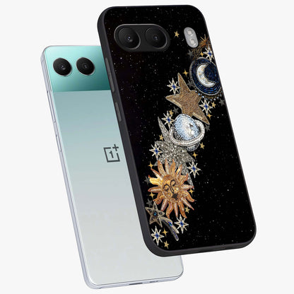 Pearls Universe Object Glass Case for 1+Nord 4 angled mockup showcasing glossy finish and luminous celestial tones
