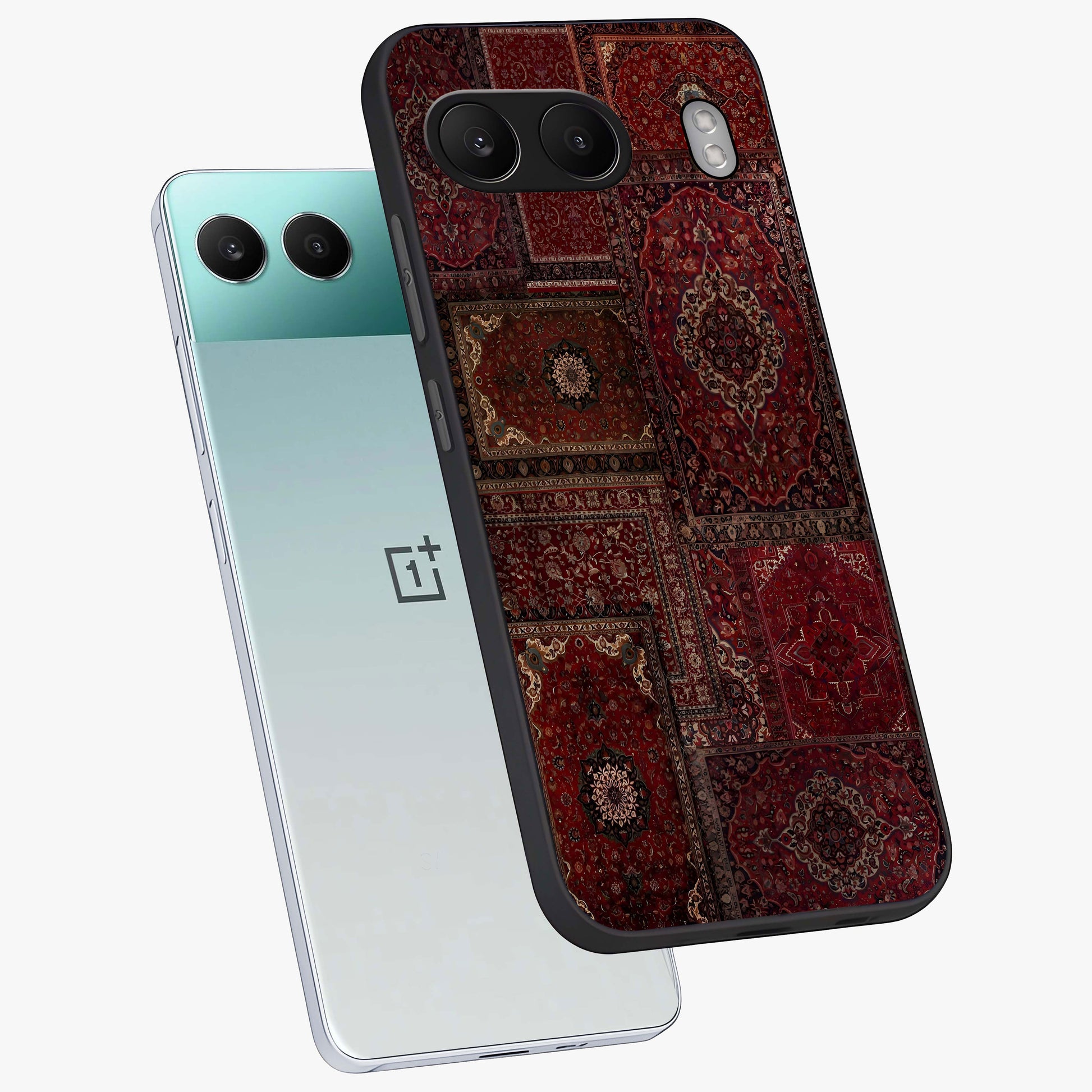 Persian Velvet Tale Glass Case for 1+Nord 4 angled mockup showcasing glossy finish and rich deep tones