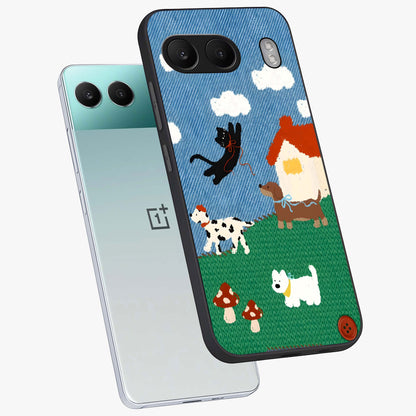 Pet Adventures Glass Case for 1+Nord 4 angled mockup showcasing glossy finish and vibrant cartoon tones