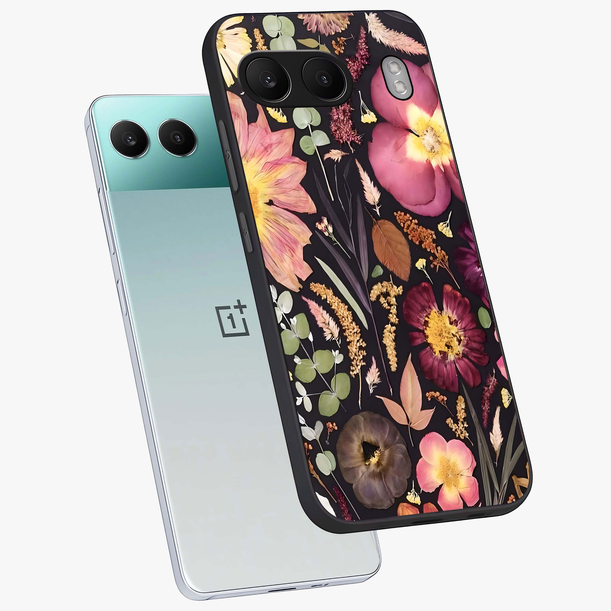 Petal Dream Tapestry Glass Case for 1+Nord 4 angled mockup showcasing glossy finish and rich bloom detailing