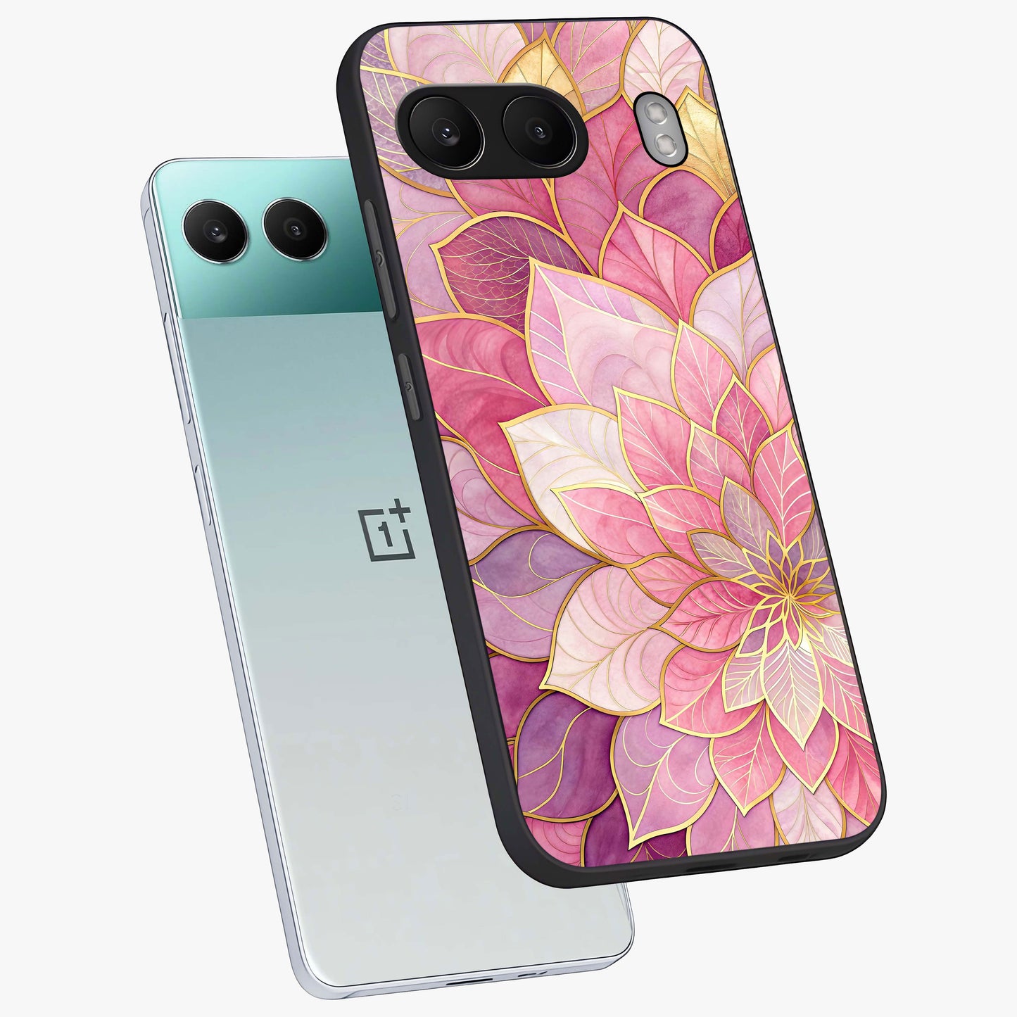 Petal Luxe Bloom Glass Case for 1+Nord 4 angled mockup showcasing glossy finish and vibrant bloom accents