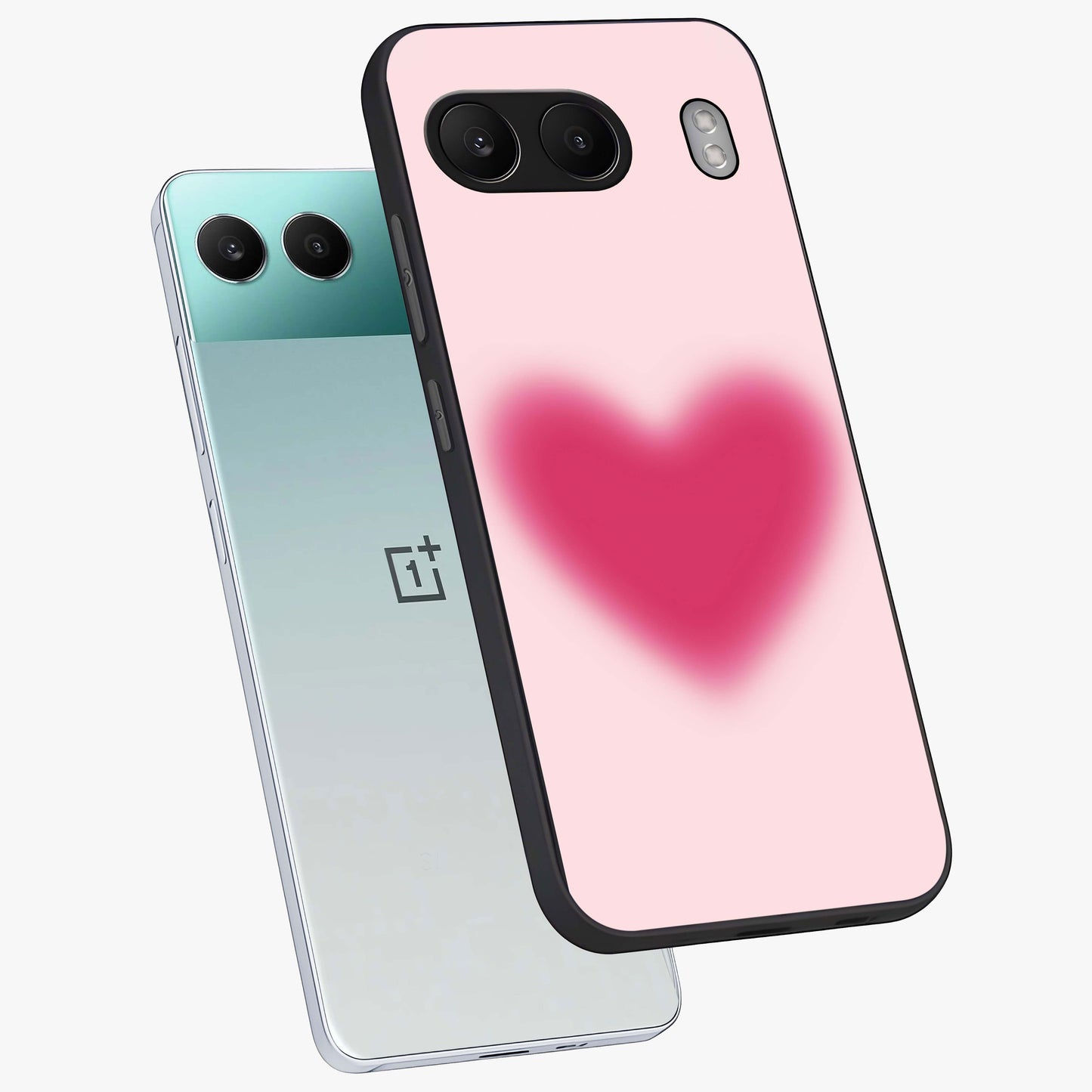 Pink Aura Heart Glass Case for 1+Nord 4 angled mockup showcasing glossy glass finish and radiant aura detailing
