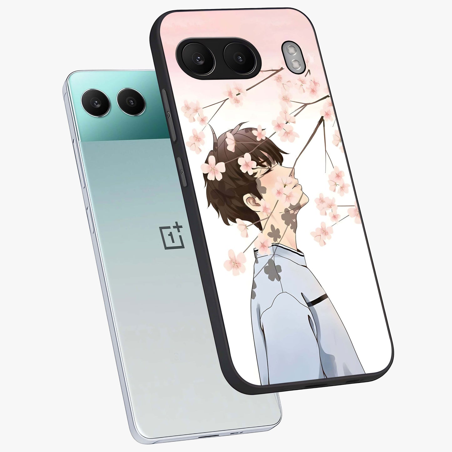 Pink Blossom Boy Glass Case for 1+Nord 4 angled mockup showcasing glossy finish and soft bloom tones