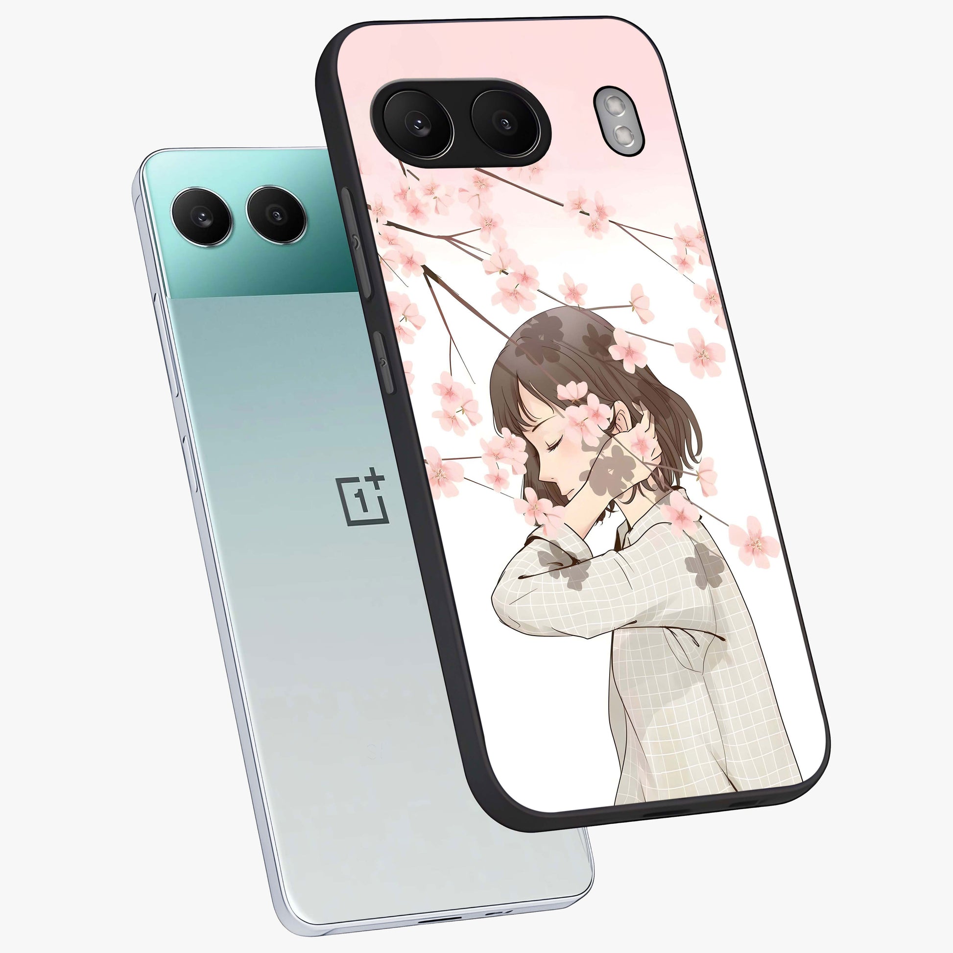Pink Blossom Girl Glass Case for 1+Nord 4 angled mockup showcasing glossy finish and pastel floral detailing