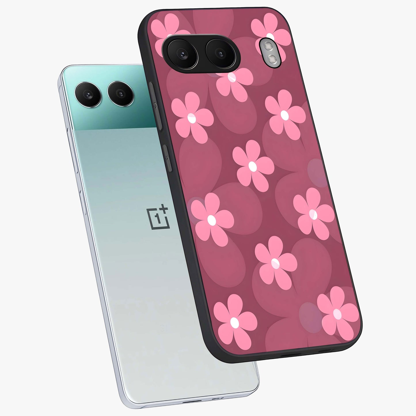 Pink Daisy Flower Pattern Glass Case for 1+Nord 4 angled mockup showcasing glossy finish and playful bloom detailing