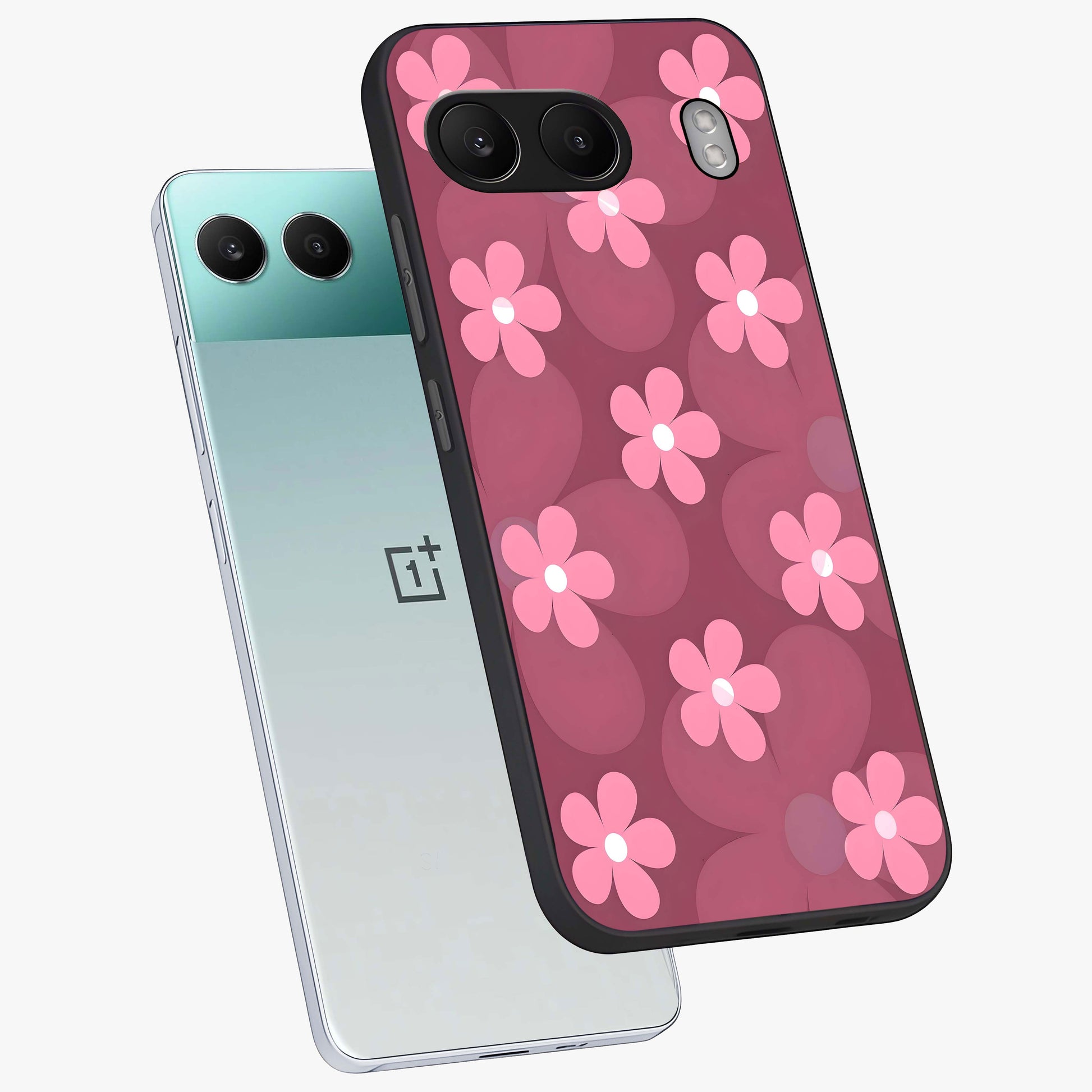 Pink Daisy Flower Pattern Glass Case for 1+Nord 4 angled mockup showcasing glossy finish and playful bloom detailing
