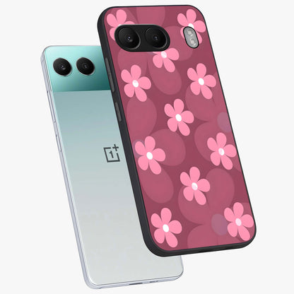Pink Daisy Flower Pattern Glass Case for 1+Nord 4 angled mockup showcasing glossy finish and playful bloom detailing
