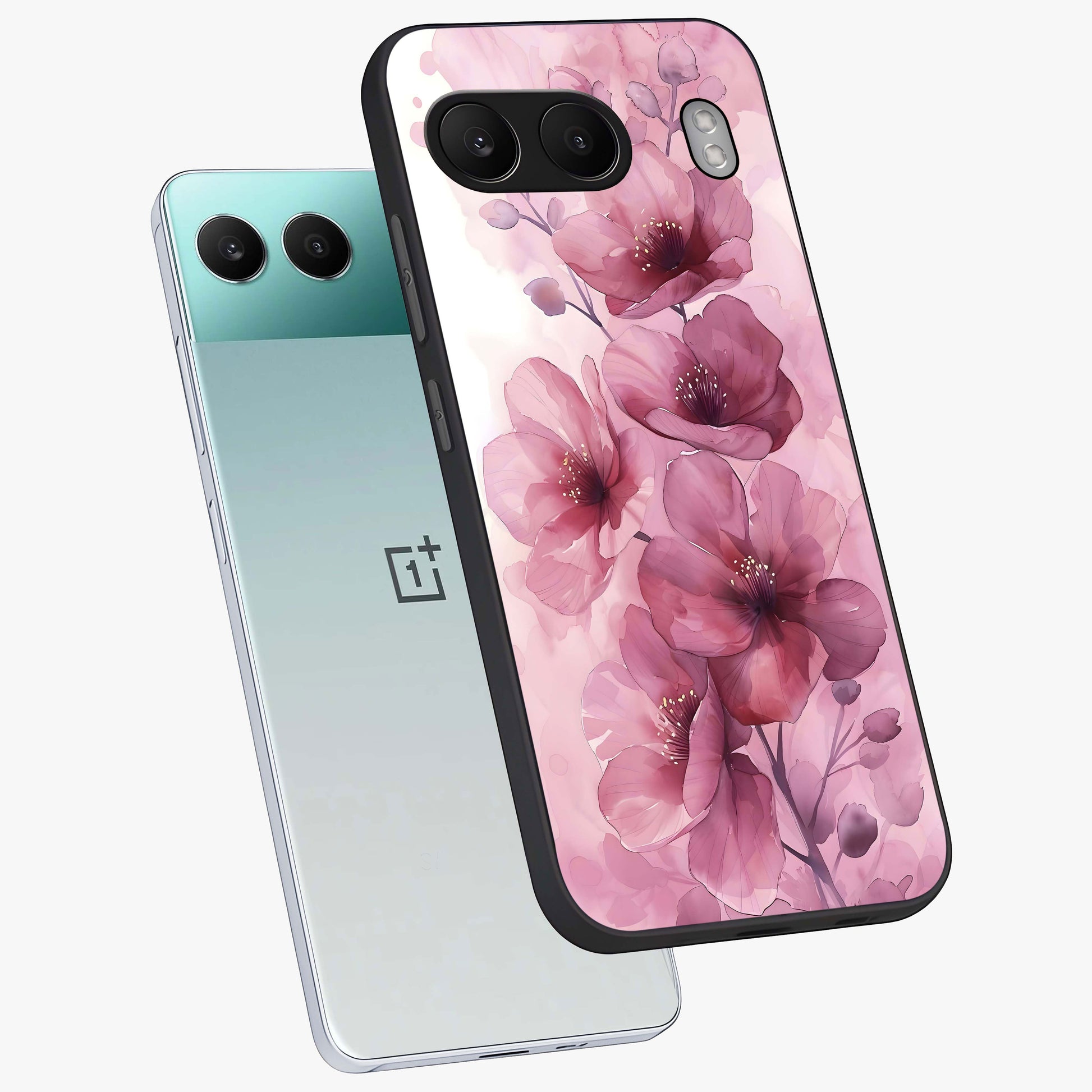 Pink Floral Glass Case for 1+Nord 4 angled mockup showcasing glossy finish and delicate bloom detailing