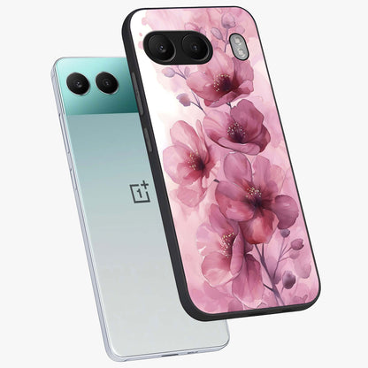 Pink Floral Glass Case for 1+Nord 4 angled mockup showcasing glossy finish and delicate bloom detailing