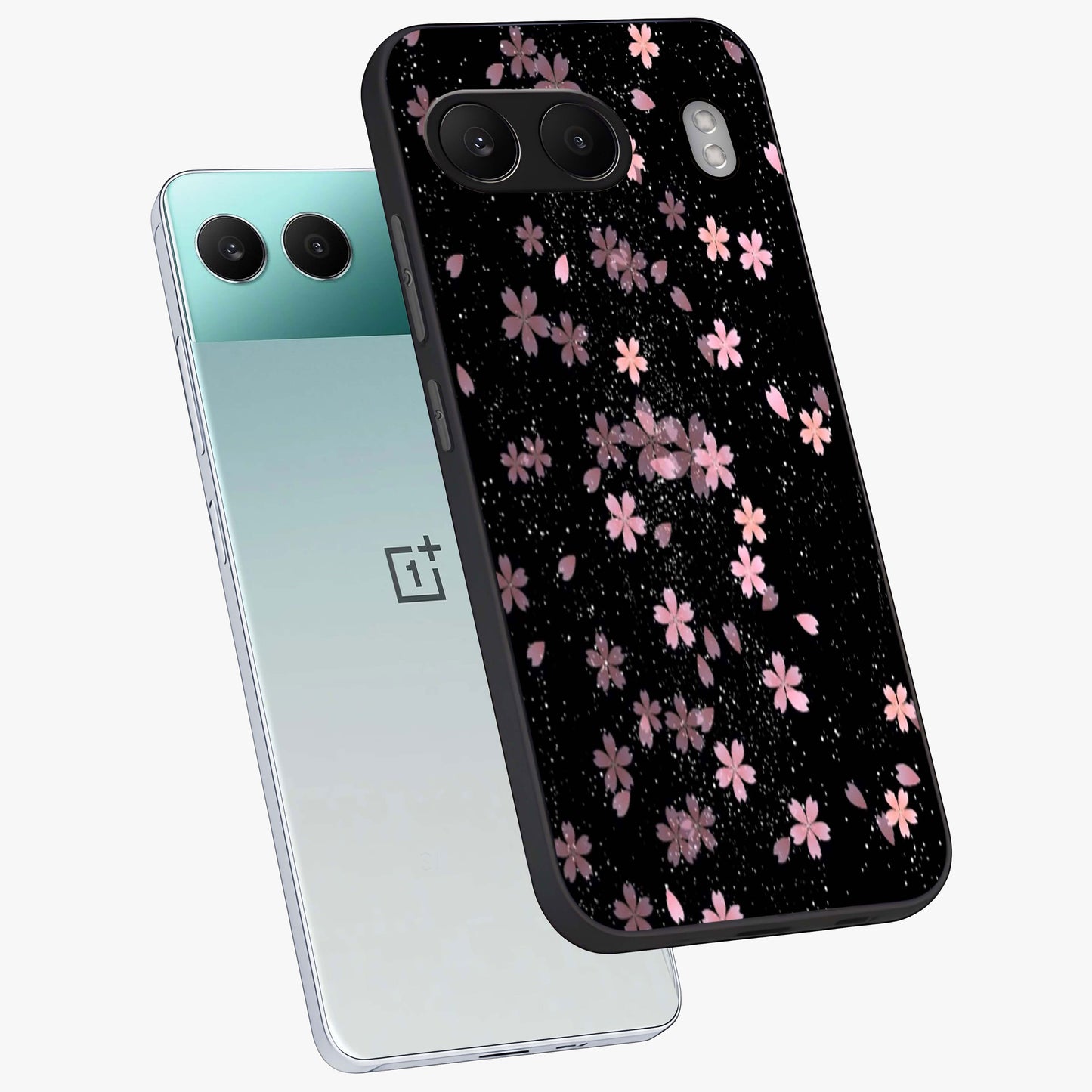 Pink Flower Black Background Glass Case for 1+Nord 4 angled mockup showcasing glossy finish and bold contrast tones