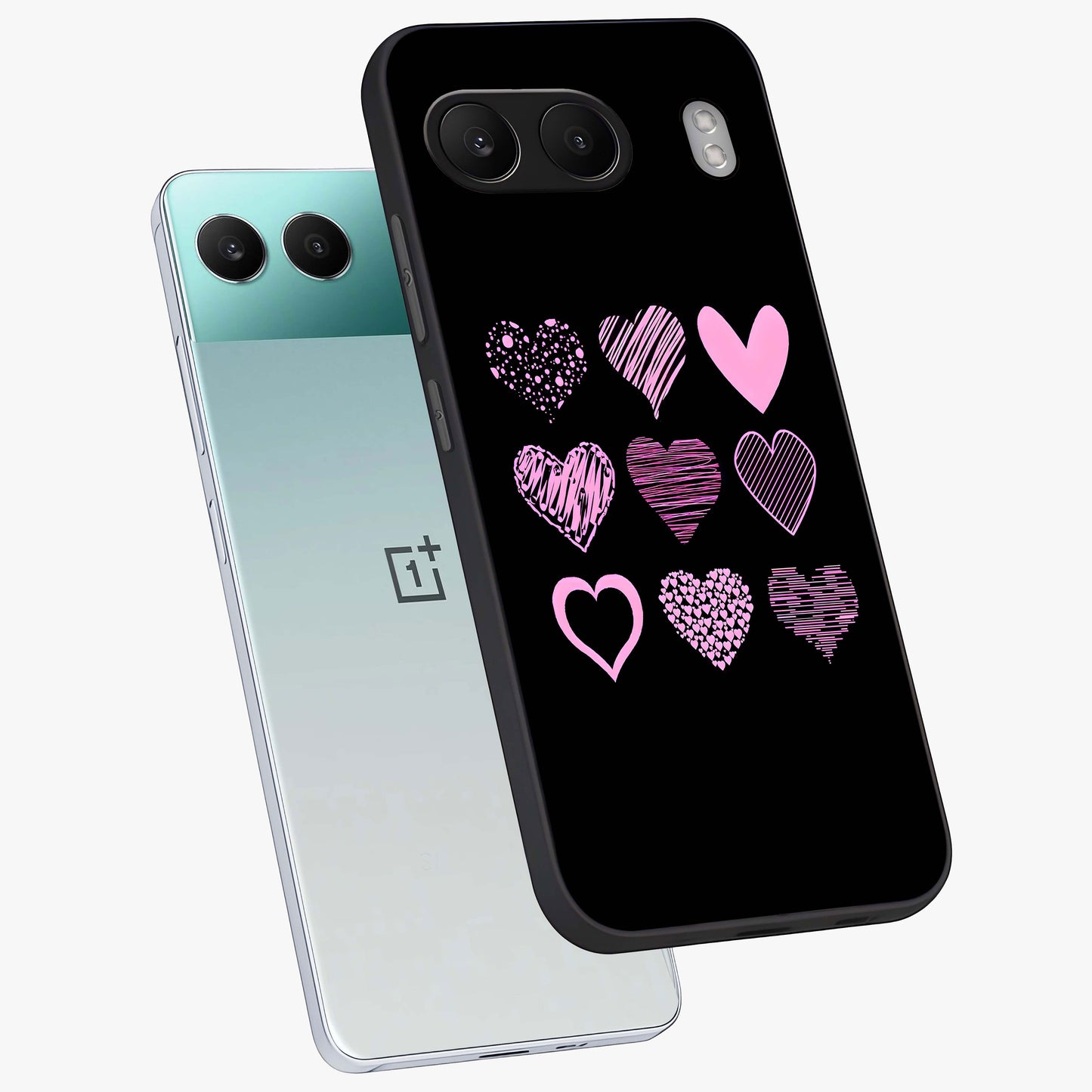 Pink Heart Aesthetic Glass Case for 1+Nord 4 angled mockup showcasing glossy finish and pastel romantic detailing