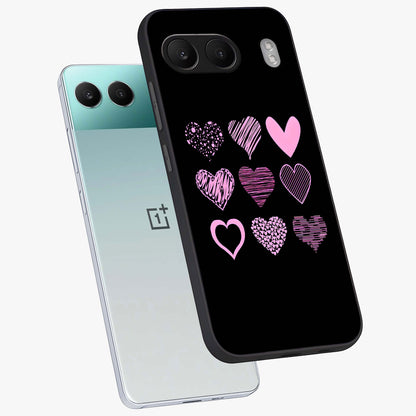 Pink Heart Aesthetic Glass Case for 1+Nord 4 angled mockup showcasing glossy finish and pastel romantic detailing