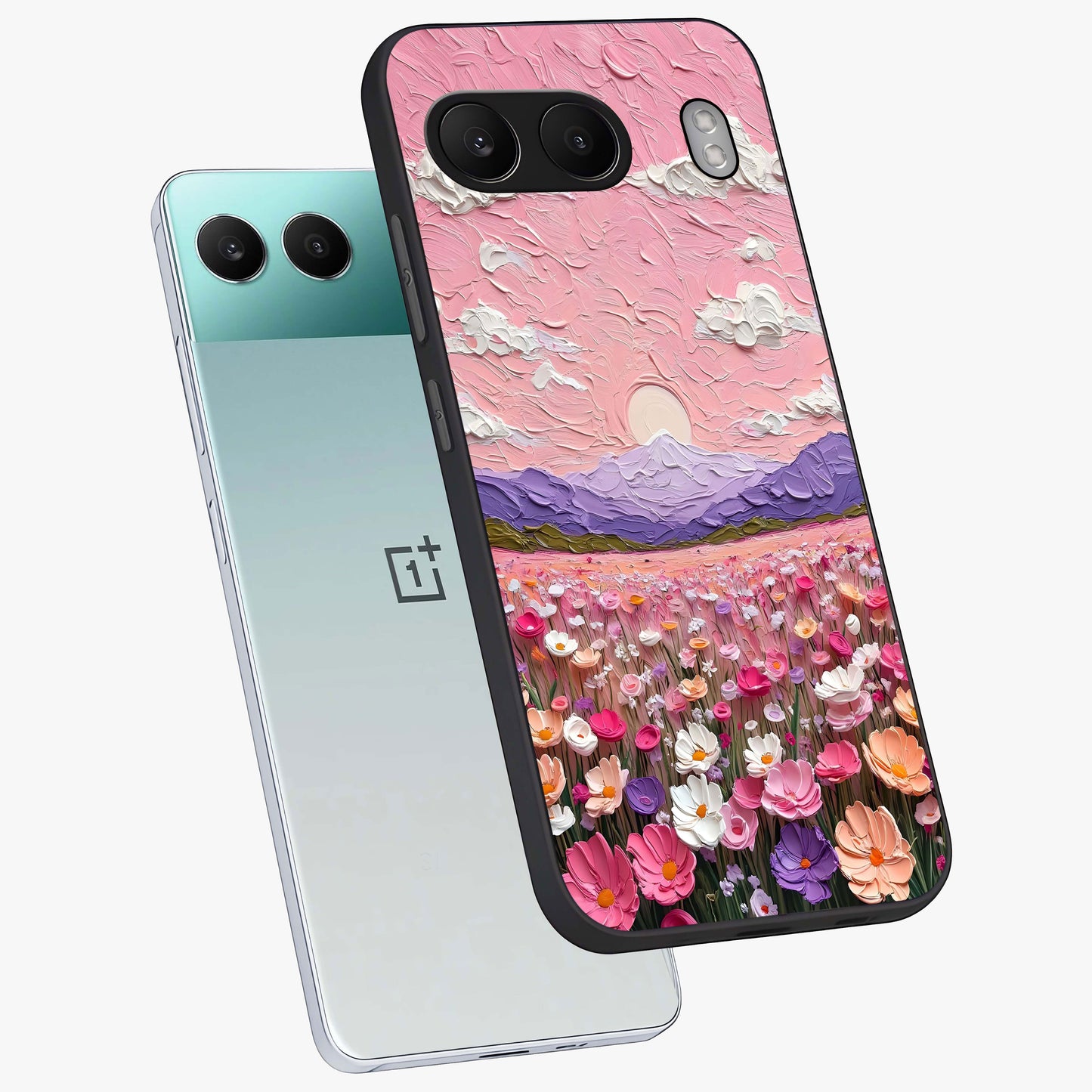 Pink Pastel Groovy Art Glass Case for 1+Nord 4 angled mockup showcasing glossy finish and vibrant abstract detailing