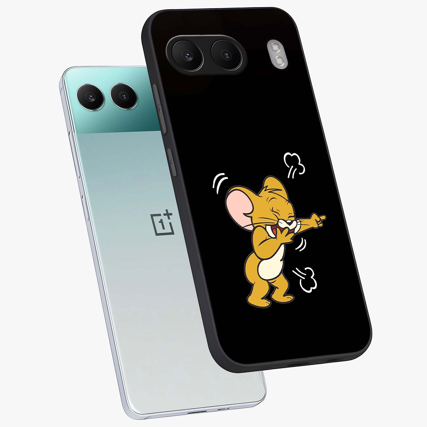 Playful Jerry Vibes Glass Case for 1+Nord 4 angled mockup showcasing glossy finish and vibrant character detailing