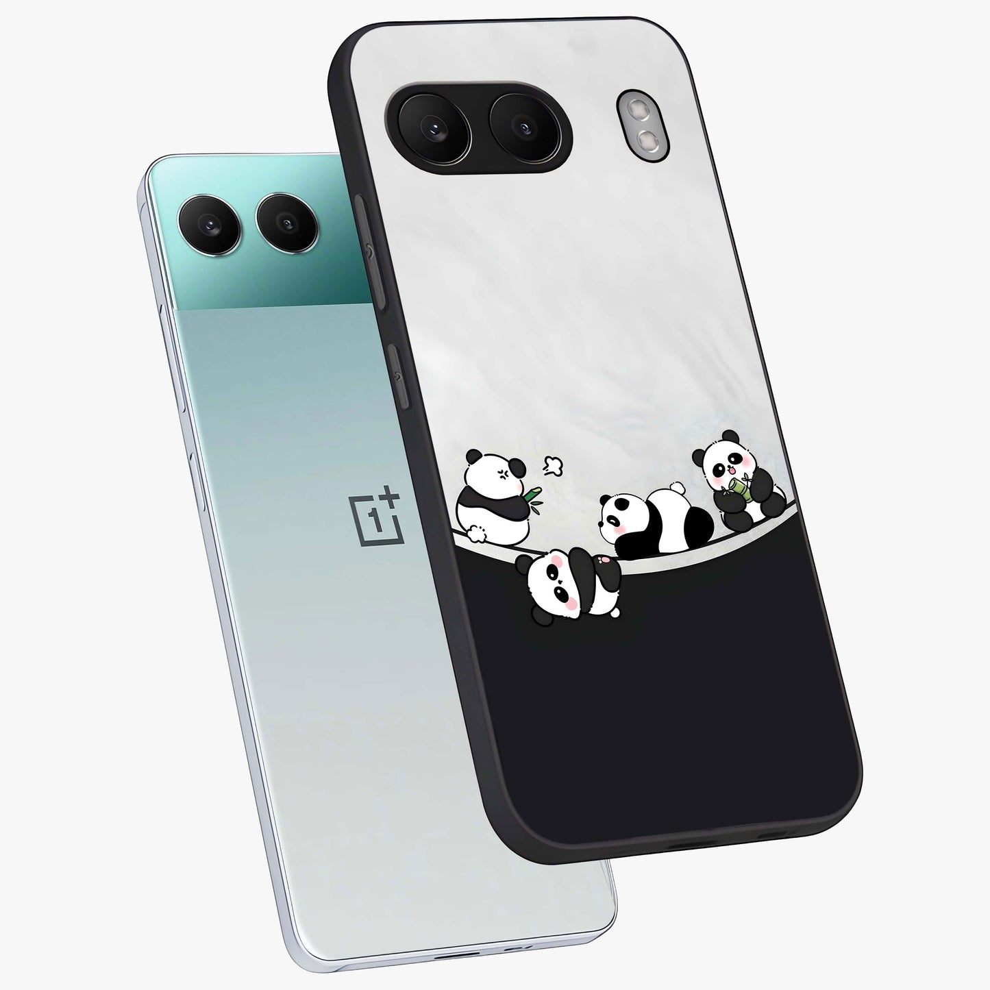 Playful Panda Parade Glass Case for 1+Nord 4 angled mockup showcasing glossy finish and soft pastel tones