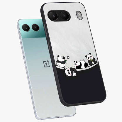 Playful Panda Parade Glass Case for 1+Nord 4 angled mockup showcasing glossy finish and soft pastel tones