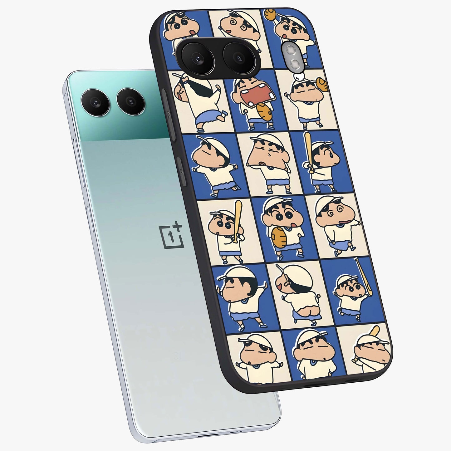 Playful Shin Swing Glass Case for 1+Nord 4 angled mockup showcasing glossy finish and vibrant cartoon detailing