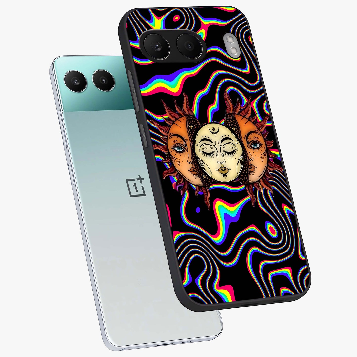 Psychedelic Sun Glass Case for 1+Nord 4 angled mockup showcasing glossy finish and bold abstract detailing