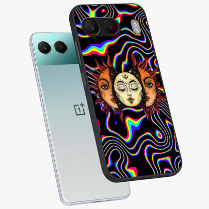 Psychedelic Sun Glass Case for 1+Nord 4 angled mockup showcasing glossy finish and bold abstract detailing