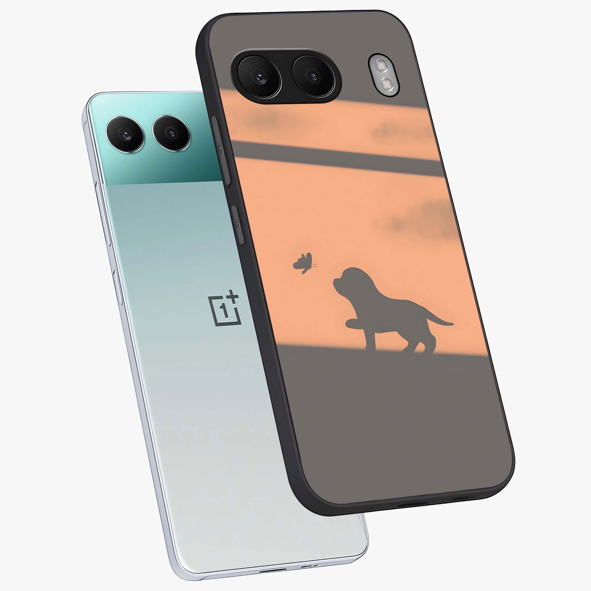 Puppy Shadow Art Glass Case for 1+Nord 4 angled mockup showcasing glossy finish and soft shadow detailing