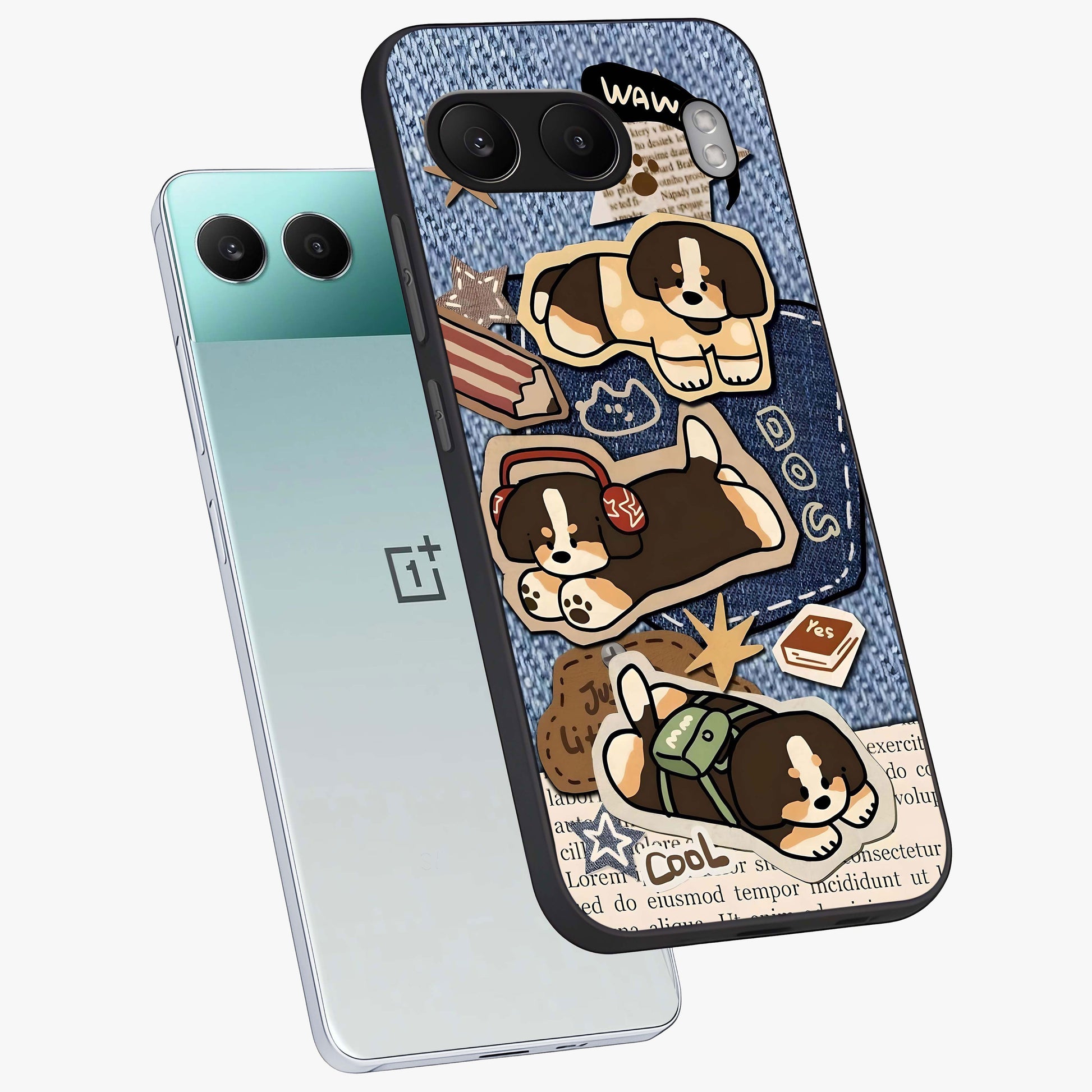 Puppy Sticker Parade Glass Case for 1+Nord 4 angled mockup showcasing glossy finish and colorful cartoon detailing