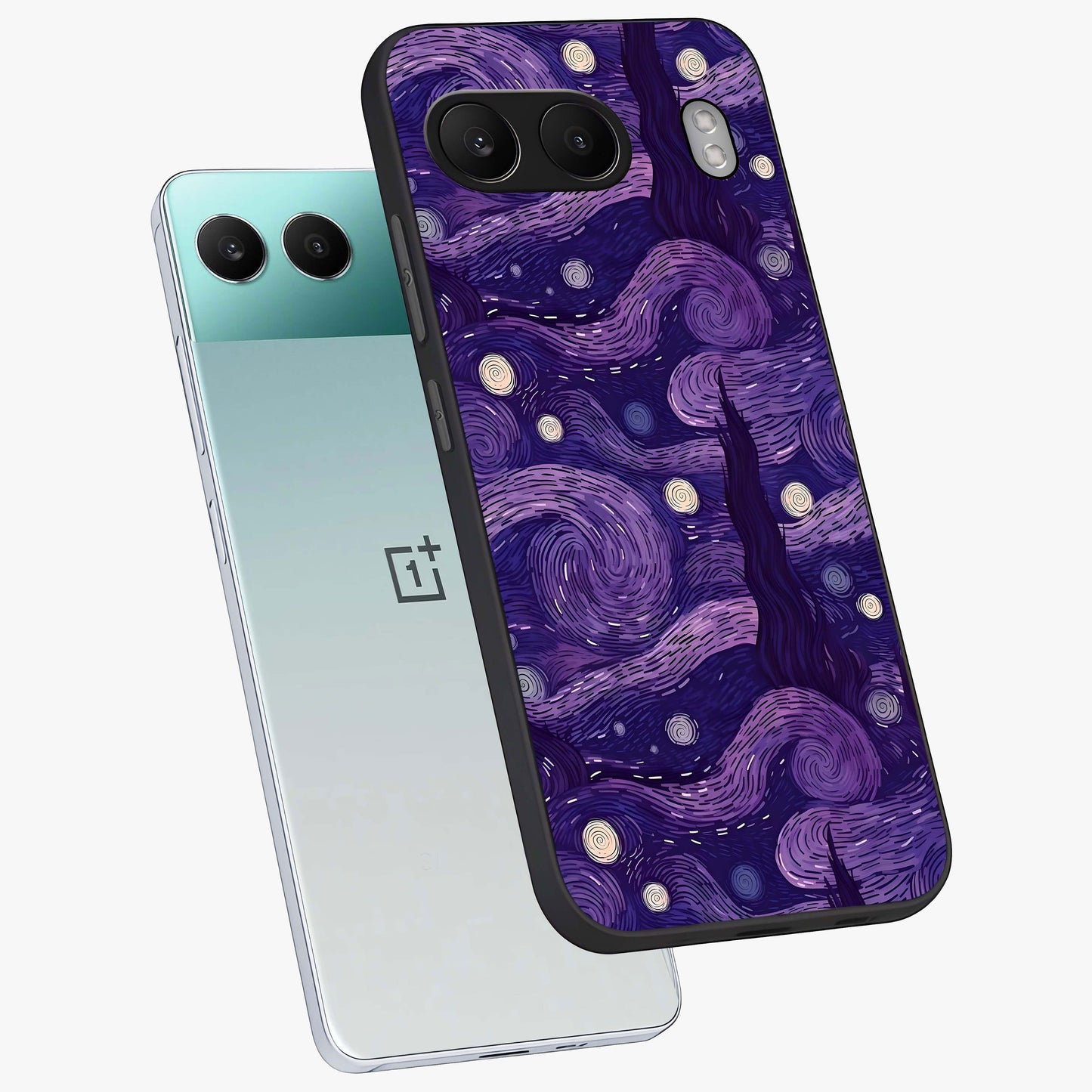 Purple Swirls Glass Case for 1+Nord 4 angled mockup showcasing glossy finish and smooth gradient detailing