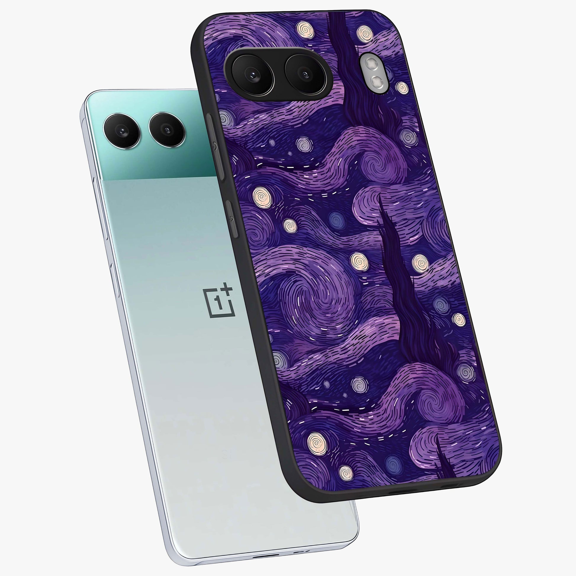 Purple Swirls Glass Case for 1+Nord 4 angled mockup showcasing glossy finish and smooth gradient detailing