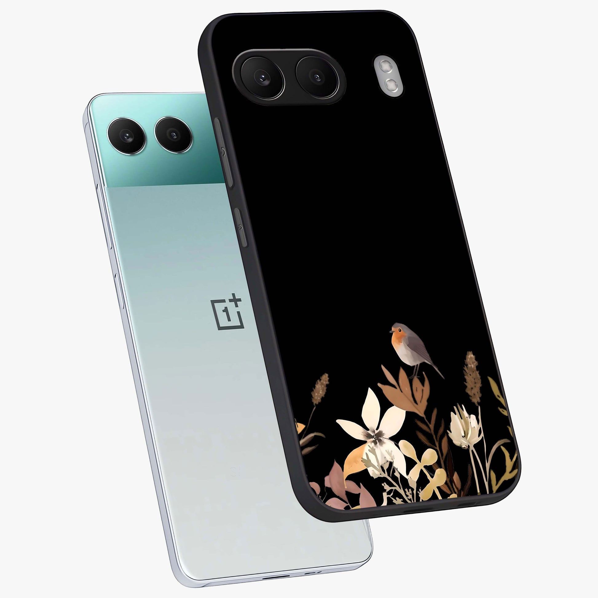 Quiet Garden Tune Glass Case for 1+Nord 4 angled mockup showcasing glossy finish and soft pastel tones