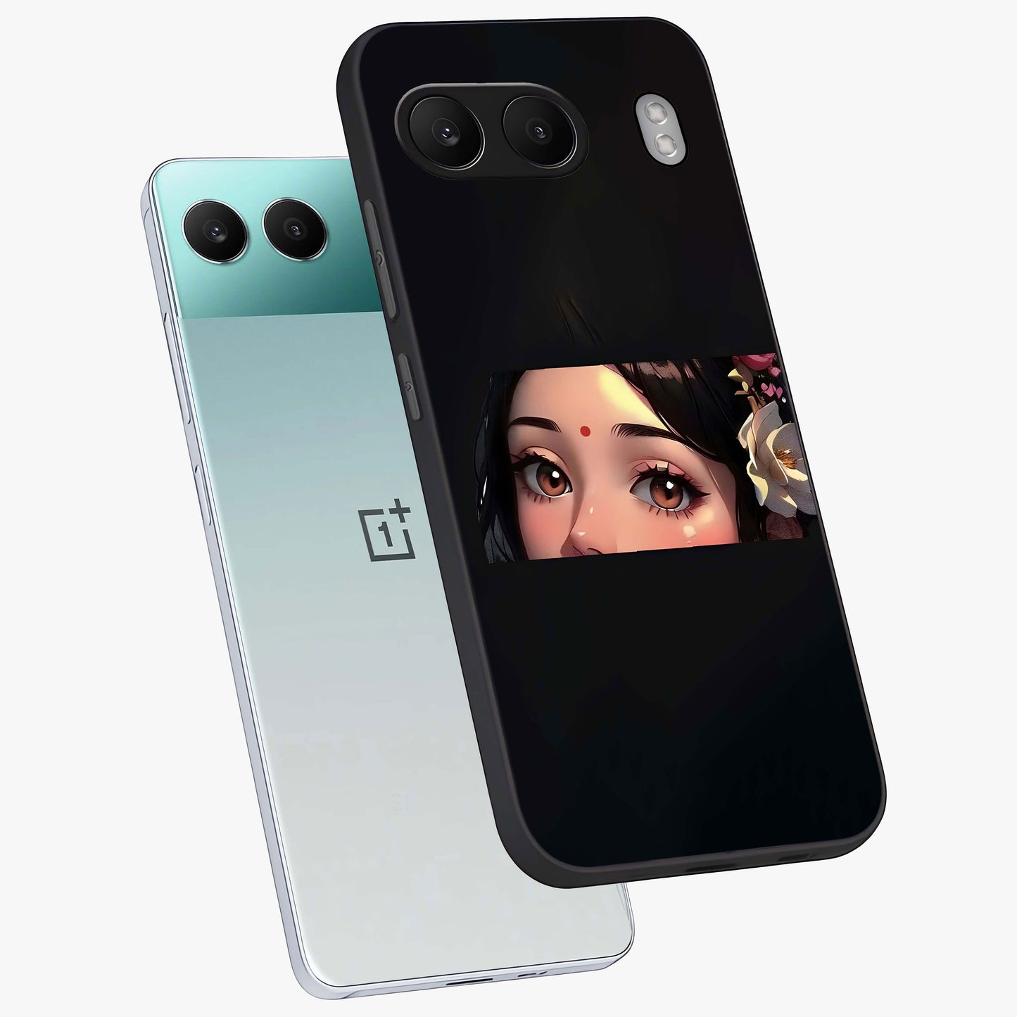 Radha Divine Embrace Glass Case for 1+Nord 4 angled mockup showcasing glossy glass finish and vibrant spiritual tones