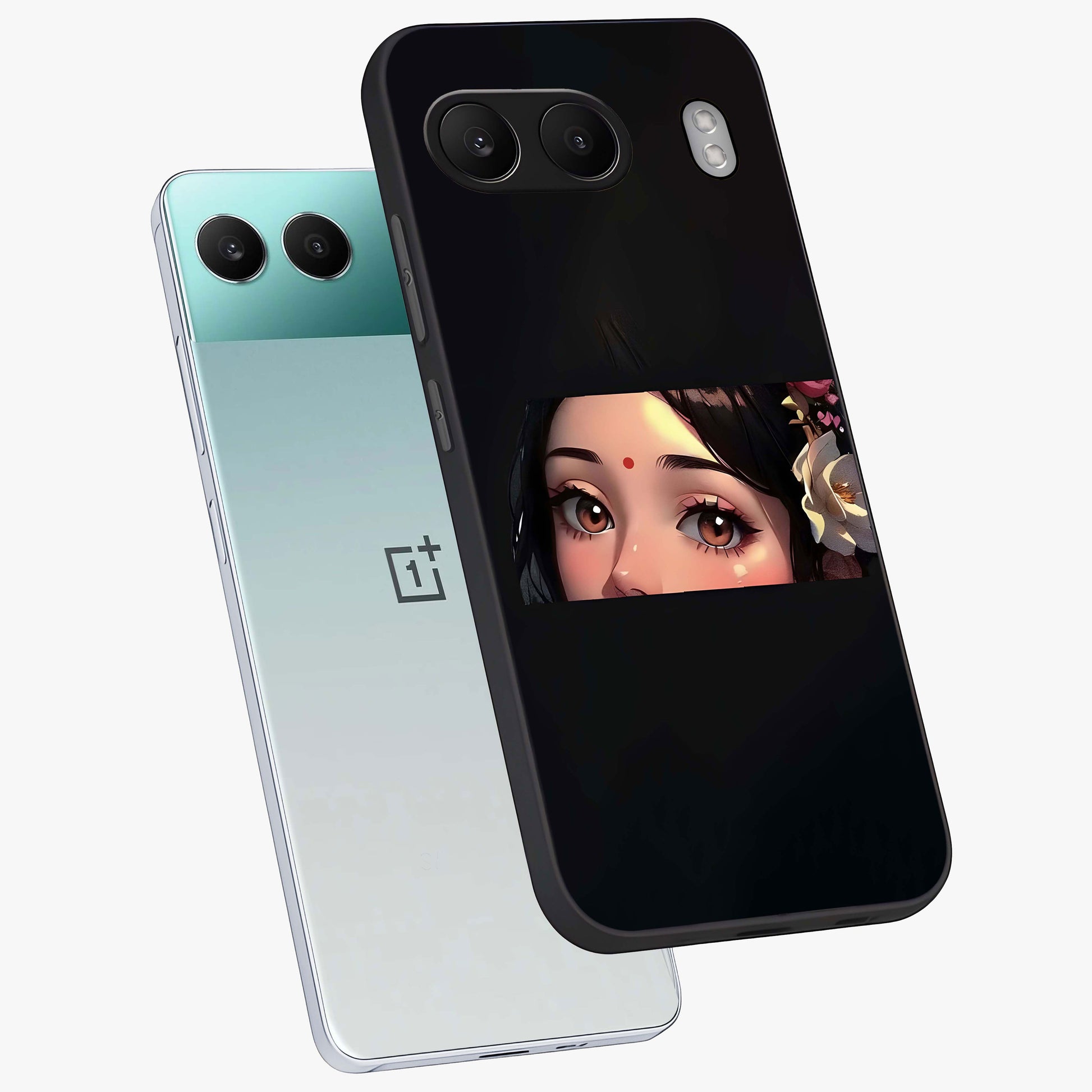 Radha Divine Embrace Glass Case for 1+Nord 4 angled mockup showcasing glossy glass finish and vibrant spiritual tones