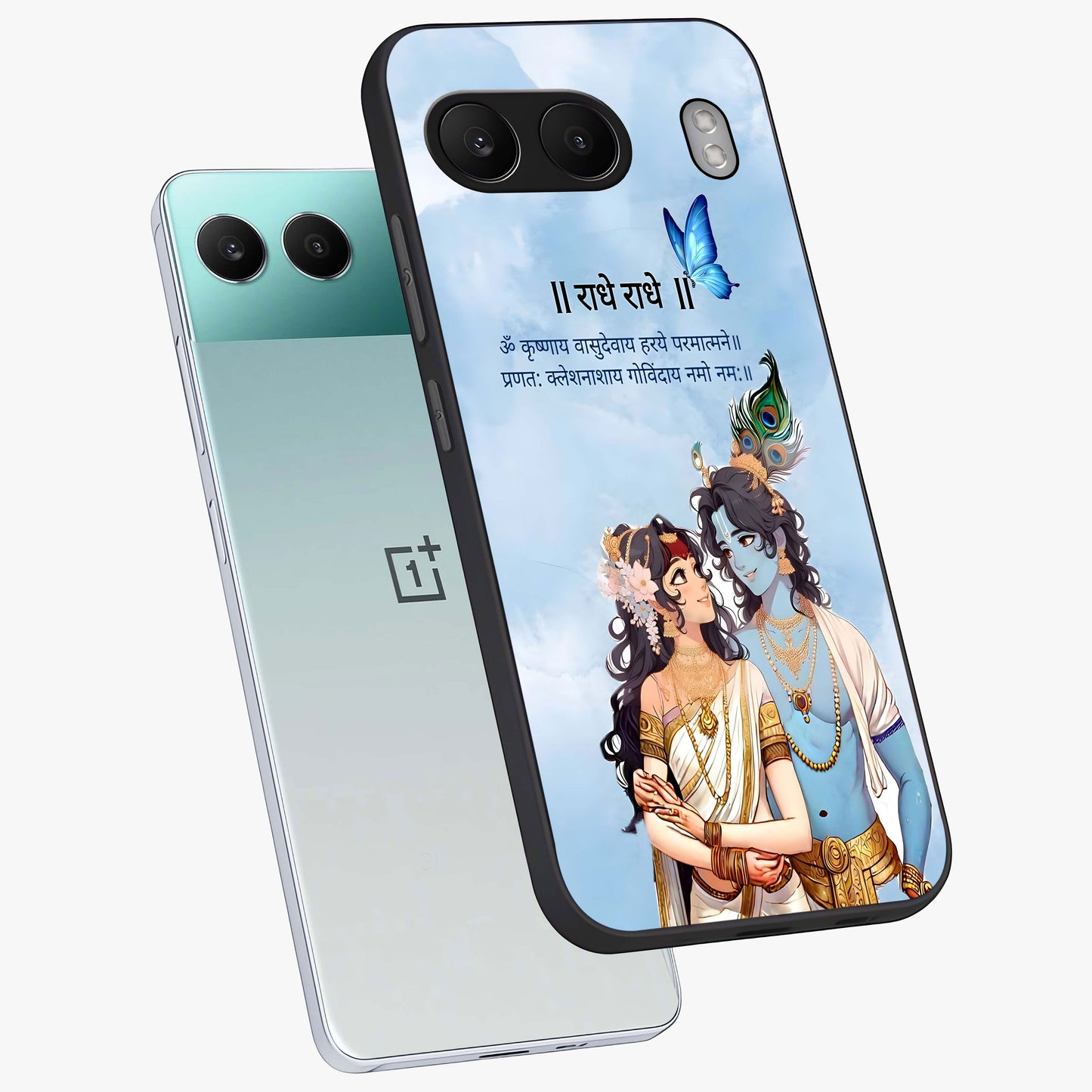 Radha Krishna Eternal Glass Case for 1+Nord 4 angled mockup showcasing glossy finish and rich cultural tones