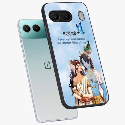 Radha Krishna Eternal Glass Case for 1+Nord 4 angled mockup showcasing glossy finish and rich cultural tones