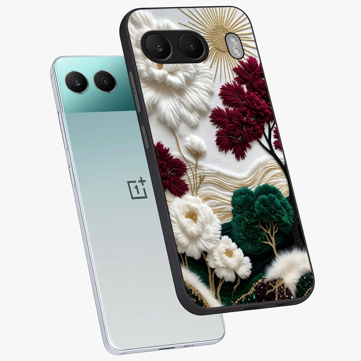 Radiant Bloom Elegance Glass Case for 1+Nord 4 angled mockup showcasing glossy finish and refined bloom detailing
