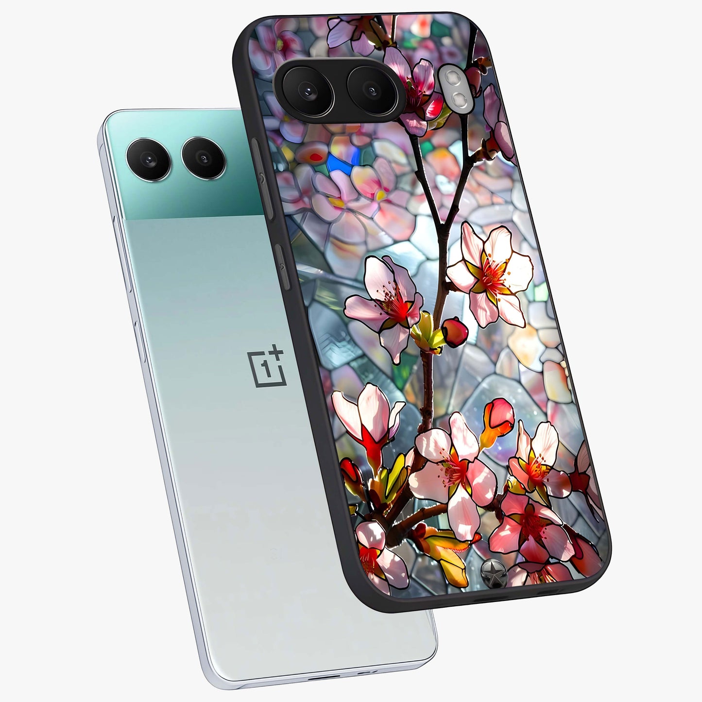 Radiant Bloom Glow Glass Case for 1+Nord 4 angled mockup showcasing glossy finish and luminous detailing