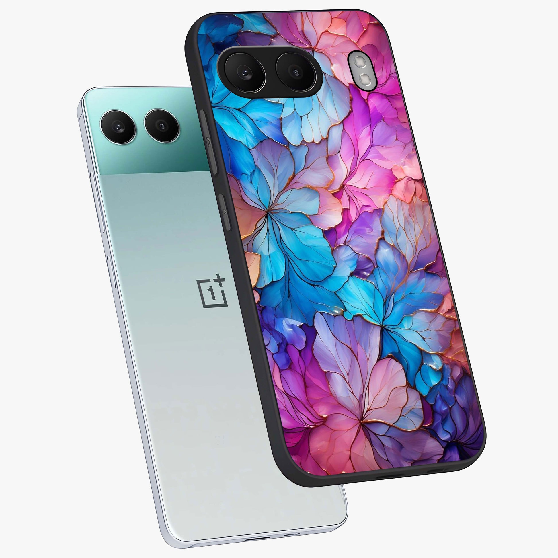Radiant Floral Whirl Glass Case for 1+Nord 4 angled mockup showcasing glossy finish and dynamic bloom tones