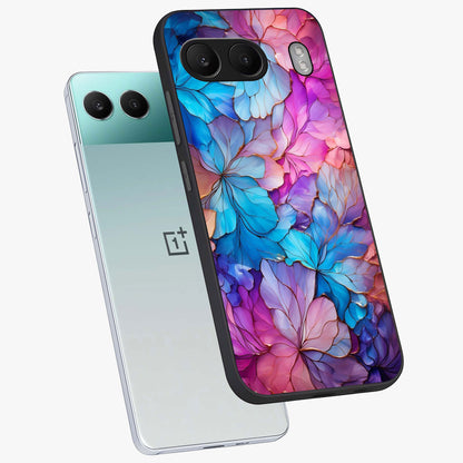 Radiant Floral Whirl Glass Case for 1+Nord 4 angled mockup showcasing glossy finish and dynamic bloom tones