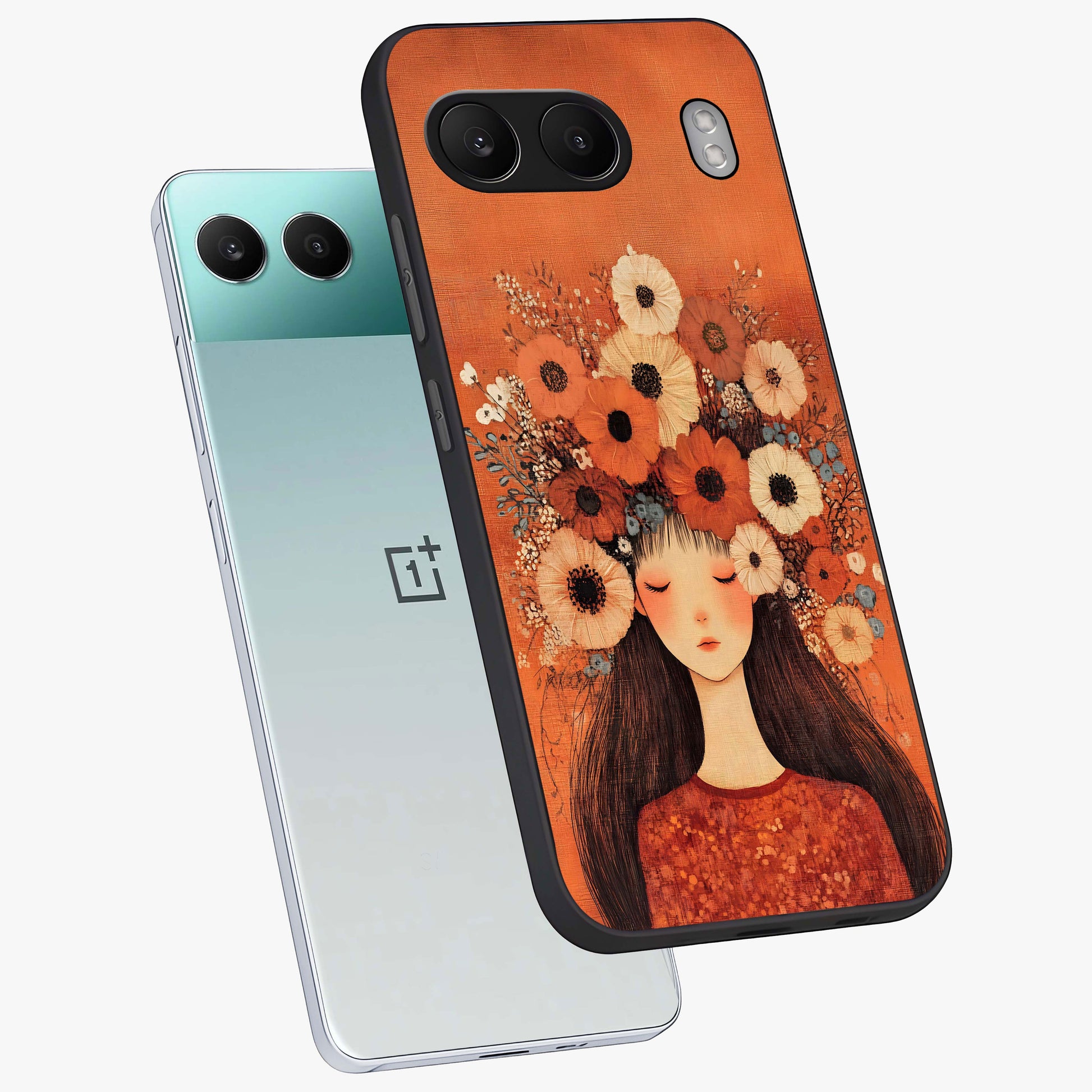 Radiant Flower Thoughts Glass Case for 1+Nord 4 angled mockup showcasing glossy finish and pastel bloom detailing