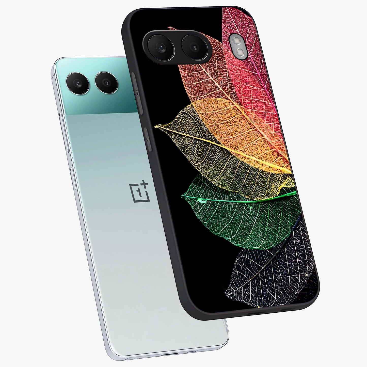 Rainbow Leaf Glow Glass Case for 1+Nord 4 angled mockup showcasing glossy finish and radiant gradient tones